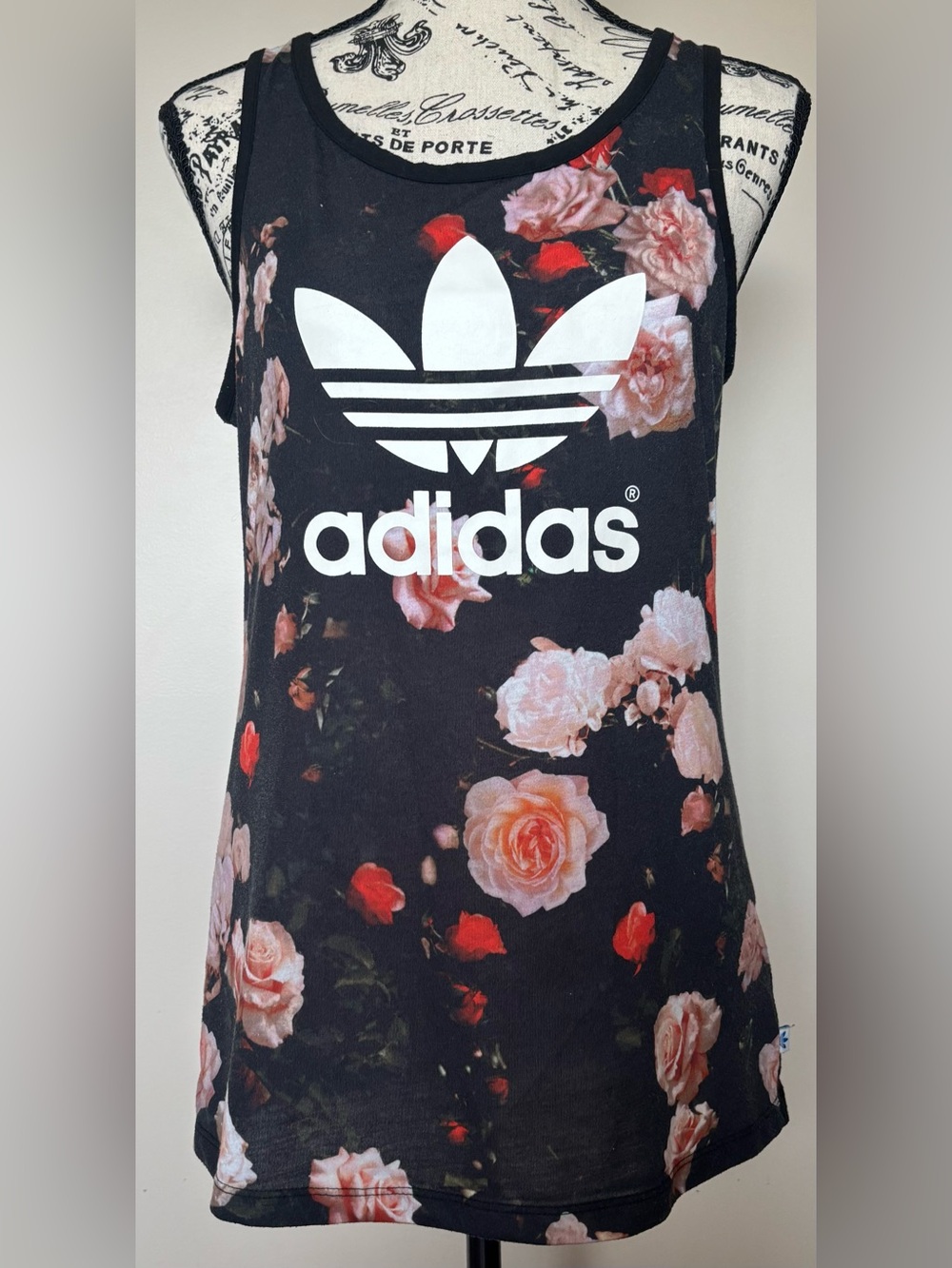 adidas Black Tank Top with White Trefoil and Pink Floral Print size Med